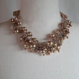 Beaded Cluster Bib Necklace With Golden Velveteen Ribbon